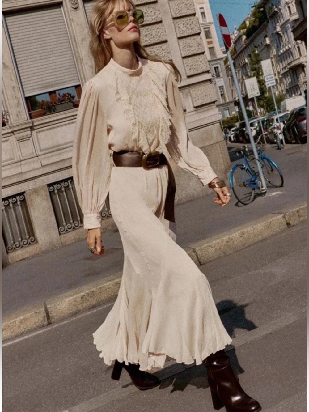 ZARA Cream Pleated Ruffled Boho Maxi Dress with Long Puff Sleeves & Belt NWT S